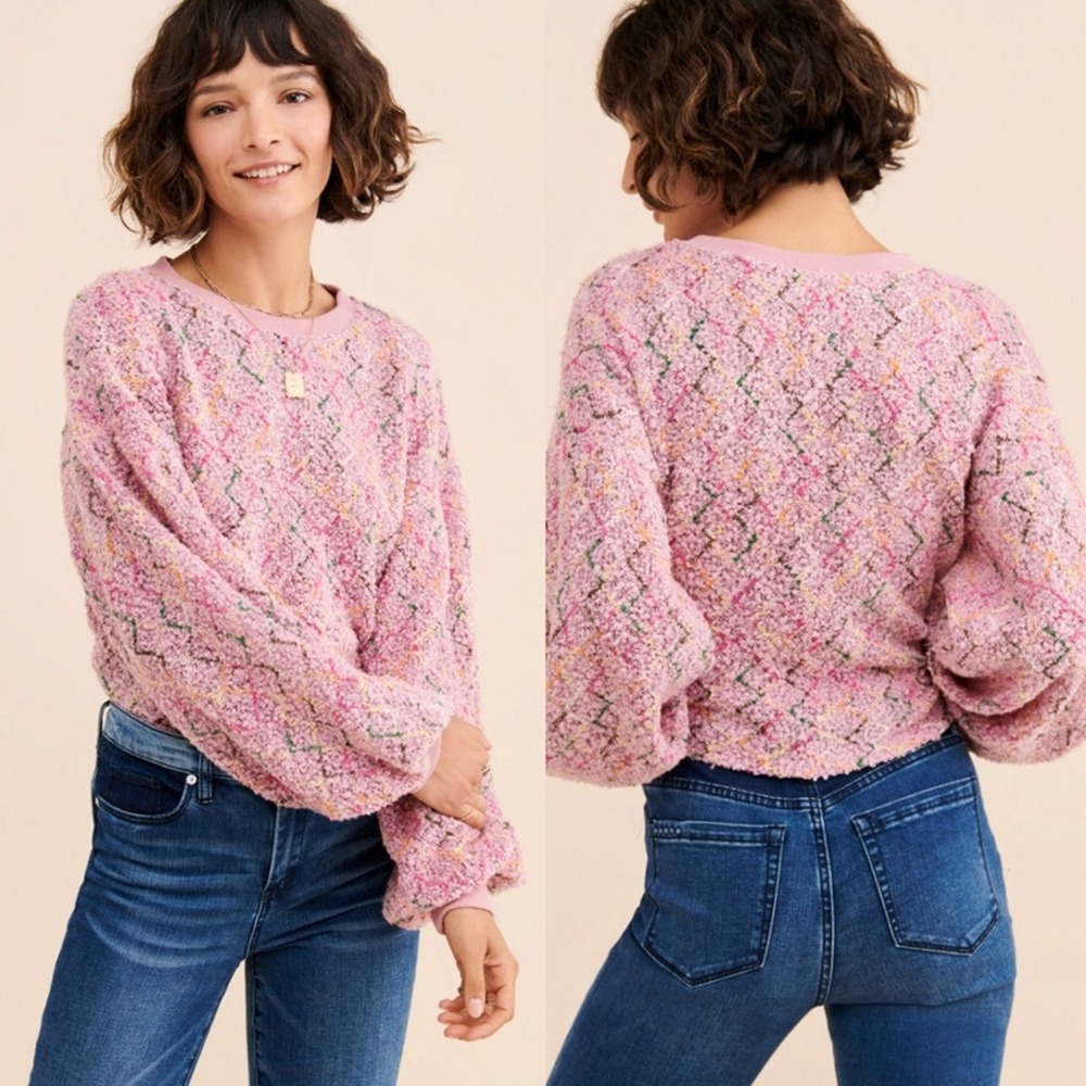 J.O.A. Boucle Knit Balloon Sleeve Cropped Boxy Sweater Pink M/L Coquette Girly‎
